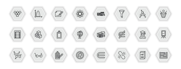 outline icons set - education concept. vector icons included grandstand, edit pencil, library books, baby abc cubes and more.