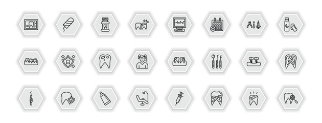 outline icons set - dentist concept. vector icons included dental x ray, mouth wash, ekg monitor, dental protection and more.