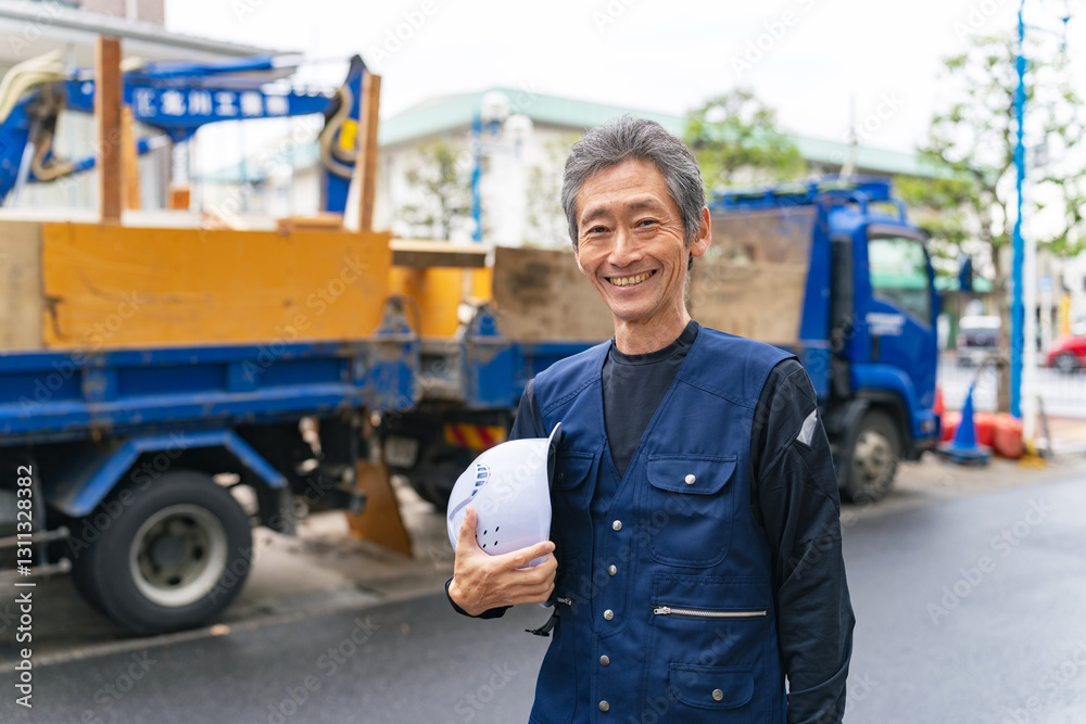 Aufkleber 作業員、男性、シニア、工事、大工、建設、親方、職人、トラック、仕事、土木、労働者、日本人、笑顔、ミドル、中高年、日雇い、職業、産業、ニッカポッカ、作業服、自信、建機、建築、業者、会社、社長、経営、瓦礫、解体、土方、鳶職、撤去、事業者、公共事業、安全、元気、街、棟梁、都市、技術、処理、廃品回収、建設業、請負、ゼネコン、ヘルメット、工務店、サブコン、人物
