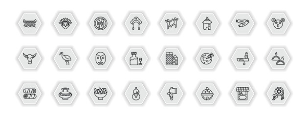 outline icons set - culture concept. vector icons included native american canoe, imperial carp, capoeira brazil dancers, australian emu and more.