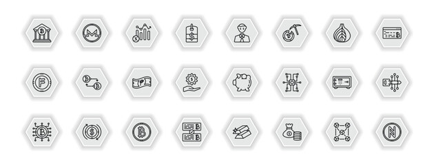 outline icons set - cryptocurrency concept. vector icons included bank, profit, greed, peer to peer and more.