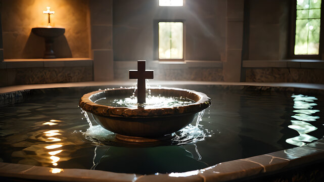 Priest pours holy water. Silver shell, baptismal font. Dawn light, water droplets. Symbol of renewal, grace & purity. Reverent.