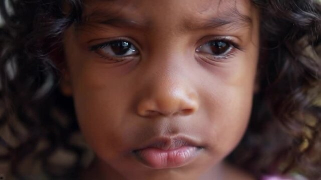 A young woman with dark hair and brown eyes looks at the camera. She has a slight frown and a sad face.