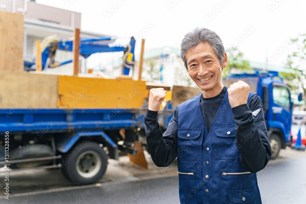 Fototapete 作業員、男性、シニア、腕組み、工事、大工、建設、親方、やる気、ガッツポーズ、職人、トラック、仕事、土木、労働者、日本人、笑顔、ミドル、中高年、日雇い、職業、産業、ニッカポッカ、作業服、自信、建機、建築、業者、会社、瓦礫、解体、鳶職、撤去、事業者、公共事業、安全、元気、棟梁、処理、廃品回収、ゼネコン、工務店、サブコン、モチベーション、再雇用、ドライバー、運転手、物流、デリバリー、リサイクル