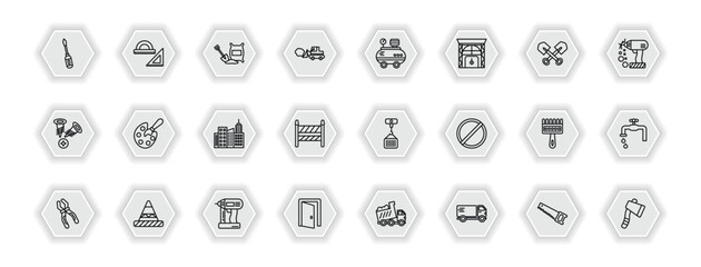 outline icons set - construction concept. vector icons included screwdrivers, cement, air compressor, pallete and more.