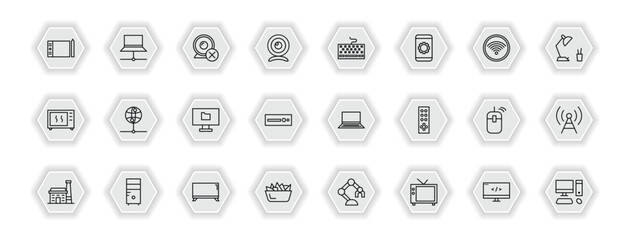 outline icons set - computer concept. vector icons included tablet tool, webcam disconnected, keyboard with cable, internet server and more.