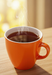 An orange mug emits rising steam, filled with hot coffee, a simple comfort.