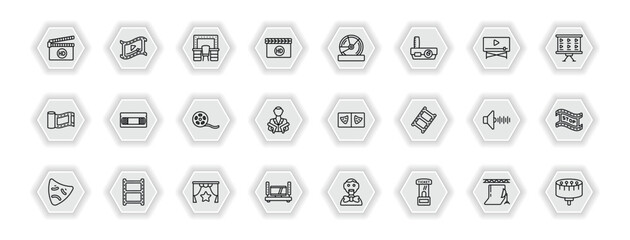 outline icons set - cinema concept. vector icons included hd, dressing room, dvd, vhs and more.
