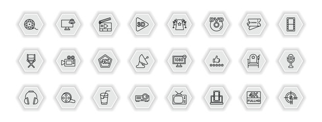 outline icons set - cinema concept. vector icons included movie roll, movie clapper open, red carpet, movie camera and more.