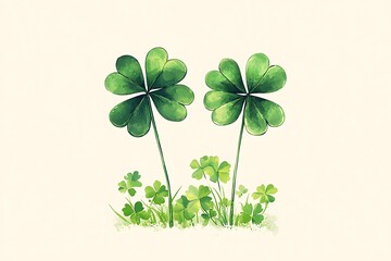Watercolor Illustration of Two Four-Leaf Clovers with Smaller Clovers and Grass