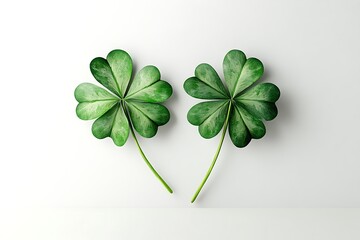 Two Lush Green Four-Leaf Clovers on White Background; St. Patrick's Day Design