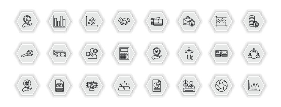 outline icons set - business concept. vector icons included pound coin on hands, scatter chart, color business card, euro bills and more.