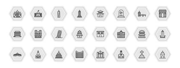 outline icons set - buildings concept. vector icons included gurdwara, world trade center, pagoda, notre dame and more.