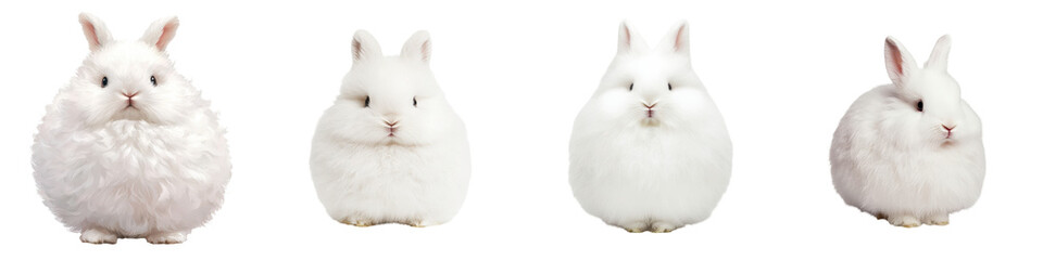 Obraz premium Adorable group of fluffy white rabbits or bunnies posing together in a clean studio setting with plain white background Cute domestic pet animals shot in close up