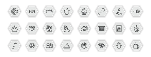 outline icons set - bistro and restaurant concept. vector icons included combine meal, mexican food, cupcake with cream, appetizers bowl and more.