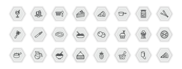 outline icons set - bistro and restaurant concept. vector icons included ice cream balls cup, yogurt with spoon, pepperoni pizza, thin knife and more.