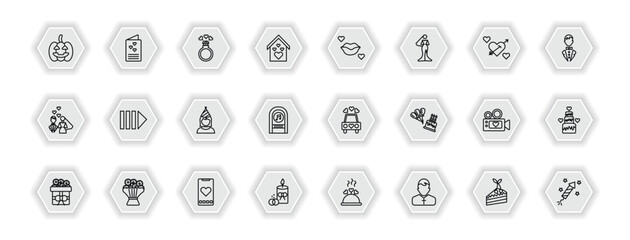 outline icons set - birthday and party concept. vector icons included halloween, wedding rings, kiss, queue and more.