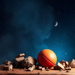 Fototapeta premium AI generated orange sphere on wood with crescent moon and night sky