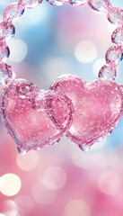 Fototapeta premium Two intertwined pink heart pendants hang against a blurred, colorful background