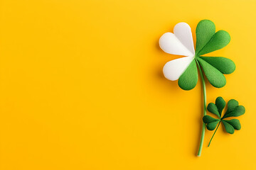 Two paper shamrocks display on bright yellow background in studio still-life