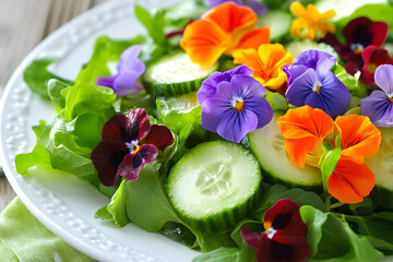 Simple green salad with vibrant edible flowers on white porcelain plate