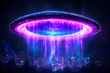UFO descends over city, bathing landscape in ethereal light against dark, starry sky