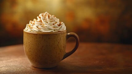 Creamy hot beverage with cinnamon in a speckled mug