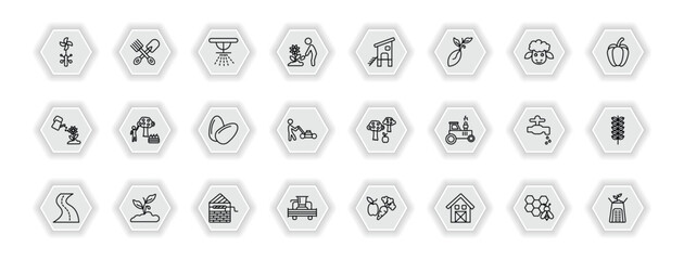outline icons set - agriculture farming concept. vector icons included vane, sprinkler, chicken coop, self-sufficient and more.