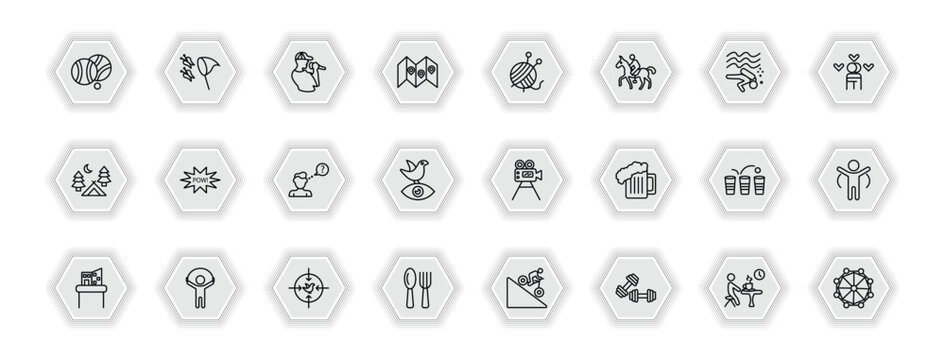 outline icons set - activity and hobbies concept. vector icons included petanque, beatboxing, yarn ball, comic and more.