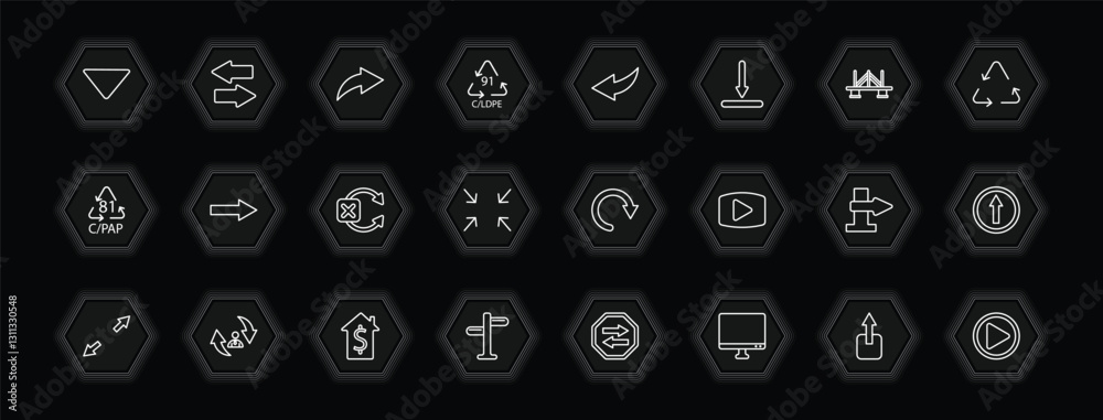 Poster outline icons set - user interface concept. vector icons included drop down, right curve arrow, curv