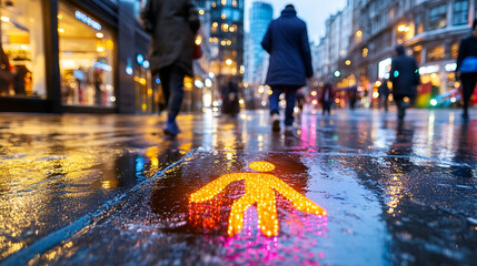 Obraz premium Wet City Street, Evening Pedestrians, Illuminated Crossing