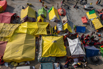 Prayagraj,India-28 pJanuary 2025 Top angle view of the colourful tents set up at the Kumbh Mela at...