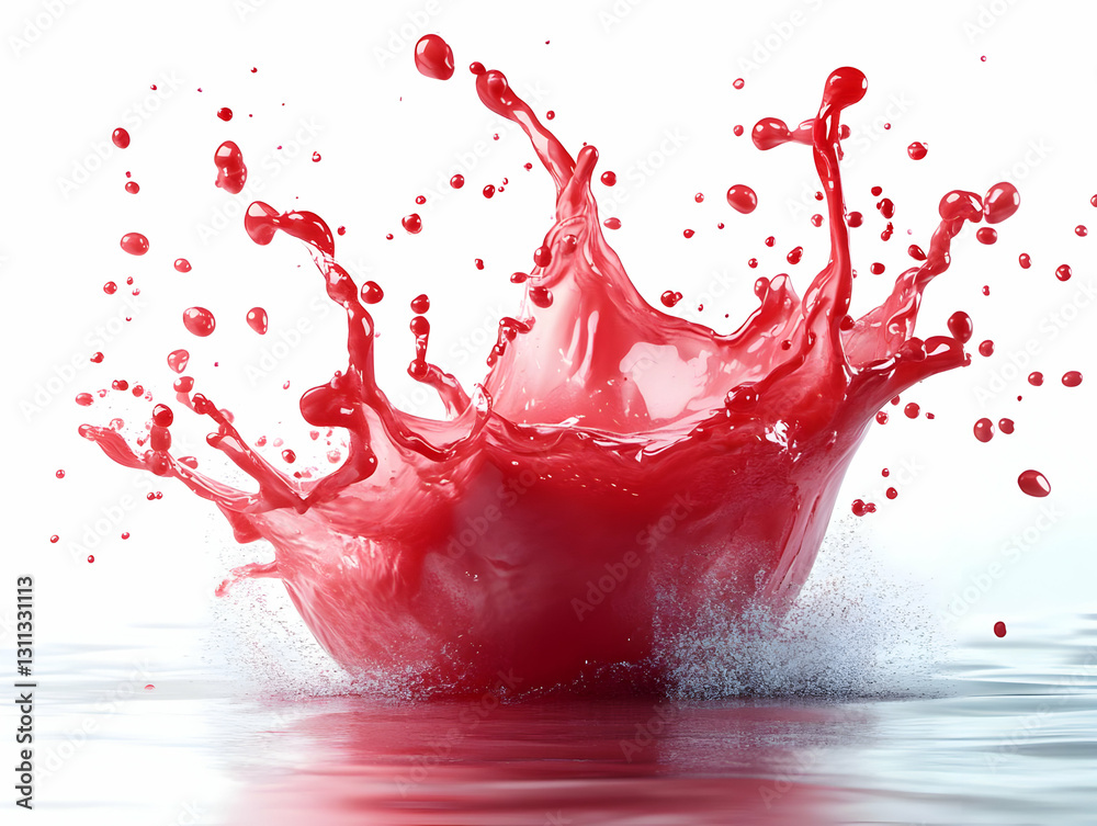 Poster a vibrant splash of red liquid creating dynamic patterns in still water, symbolizing energy and refr