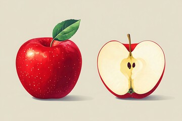 Red Apple Illustration Whole and Halved Fruit, Detailed Painting Style