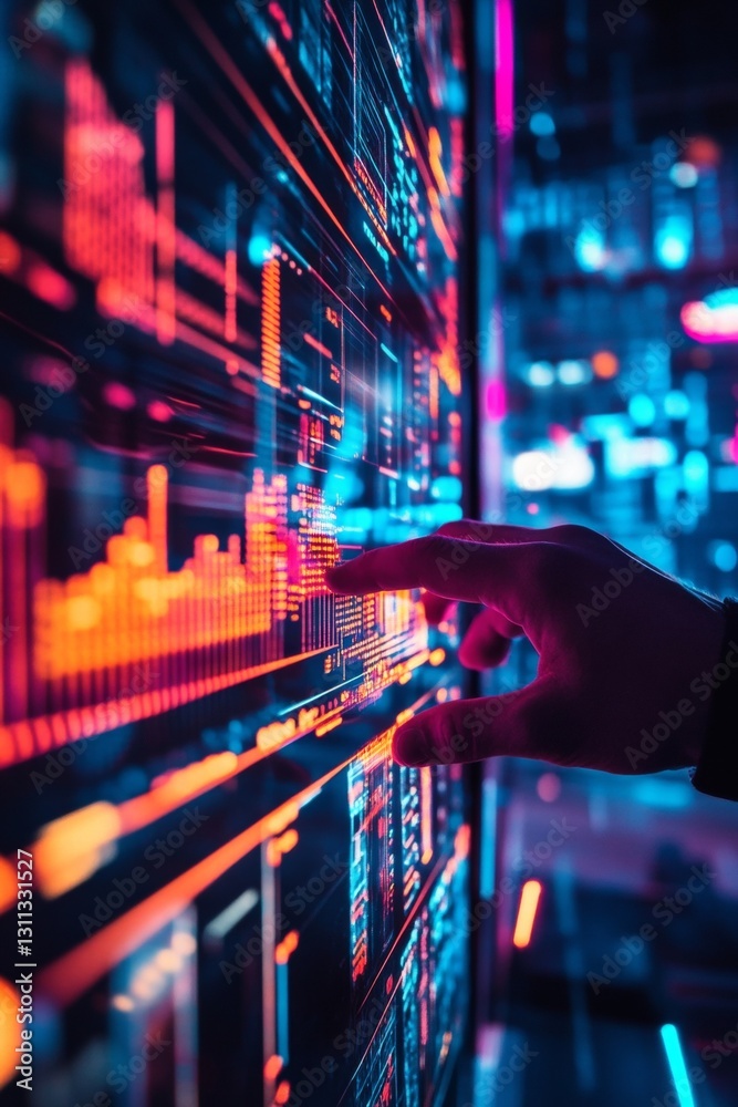 Poster hand interacting with digital data visualization interface featuring glowing metrics and graphs