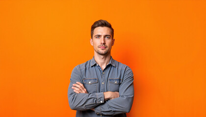 Fototapeta premium Determined man with arms crossed against orange background, strength