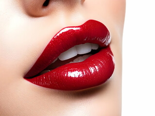 Obraz premium Close-up of glossy red lips showcasing a perfect smile, emphasizing beauty, fashion, and makeup trends. Ideal for cosmetic advertisements or beauty blogs.