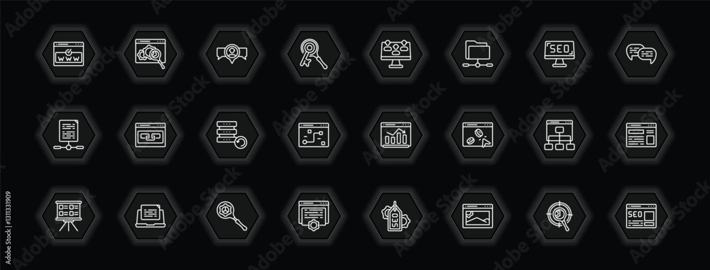 Poster outline icons set - search engine optimization concept. vector icons included domain registration, v