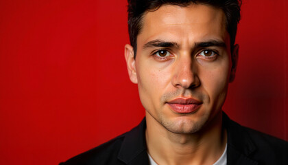 Fototapeta premium Intense gaze of a determined man against a red background, focus