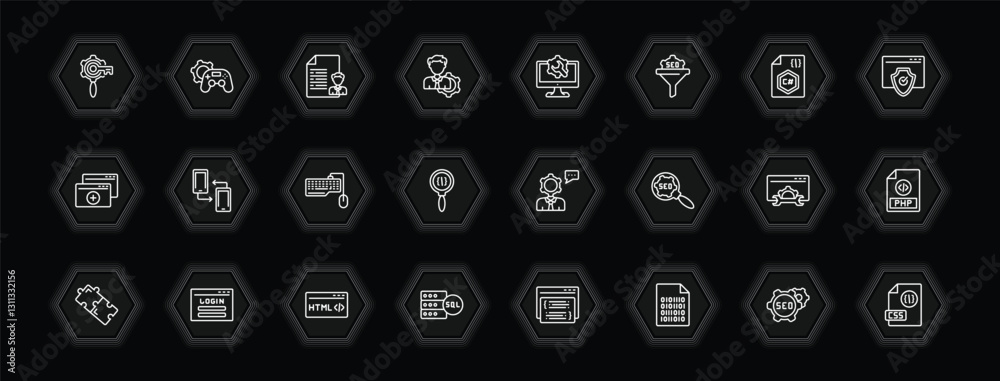 Poster outline icons set - programming concept. vector icons included seo keywords, seo report, web optimiz