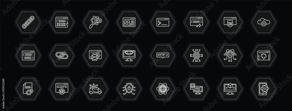 Poster outline icons set - programming concept. vector icons included hyperlink, seo configuration, code te