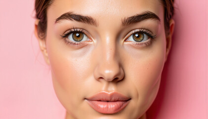 Fototapeta premium Longing gaze of a woman against pale pink backdrop, emotional depth