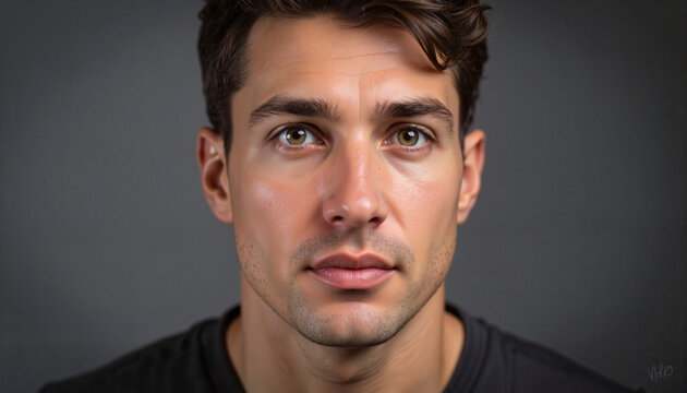 Intense concentration of a man against grey background, focus and clarity