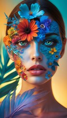 Woman Portrait Face Art Flowers Vibrant Creative Surreal Beauty Colorful Artistic