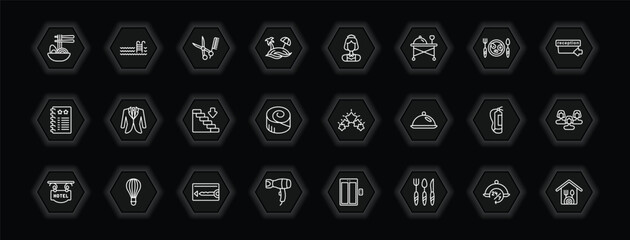 outline icons set - hotel and restaurant concept. vector icons included ramen, barbershop, servant, suits and more.