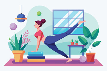 A woman practices a customized Pilates flat routine in a sunny home studio surrounded by plants, Pilates Customizable Flat Illustration