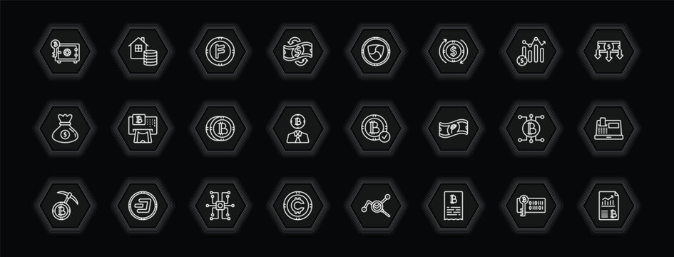 outline icons set - cryptocurrency concept. vector icons included proof of stake, coin, nem, atm and more.