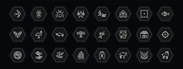 outline icons set - animals concept. vector icons included swallow, app bug, walking dog, cassowary and more.