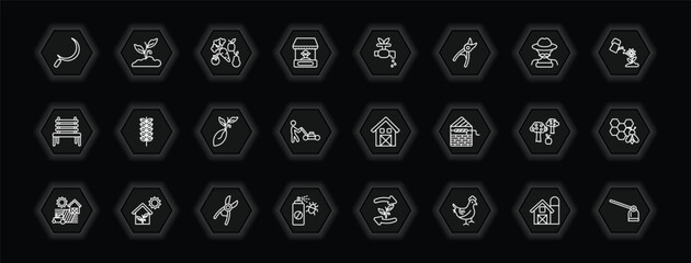 outline icons set - agriculture farming concept. vector icons included sickle, vegetables, irrigation, oat and more.