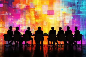 Businessmen sitting at conference table watching colorful data projection